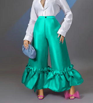Am220521high waist loose design ruffles wide leg flare pants high waist flare pants