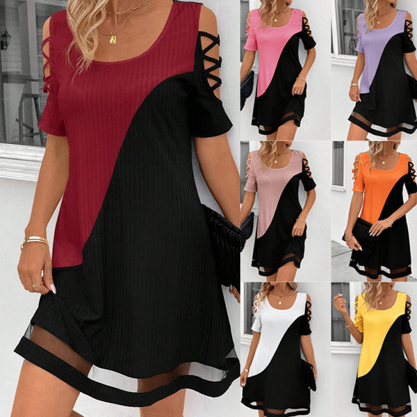 2025 European and American   spring, summer and autumn temperament color matching hollow mesh yarn contrasting color splicing dress middle skirt women
