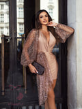 European and american cross-border chic women's clothing:  autumn new collection - lantern sleeve v-neck ruched bodycon sexy mini dress