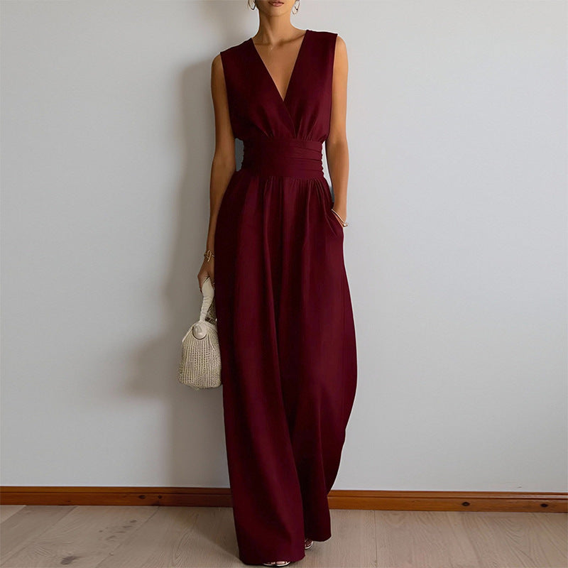 summer new women's clothing - cross-border  us & europe - fashionable casual solid color cinched waist sleeveless jumpsuit