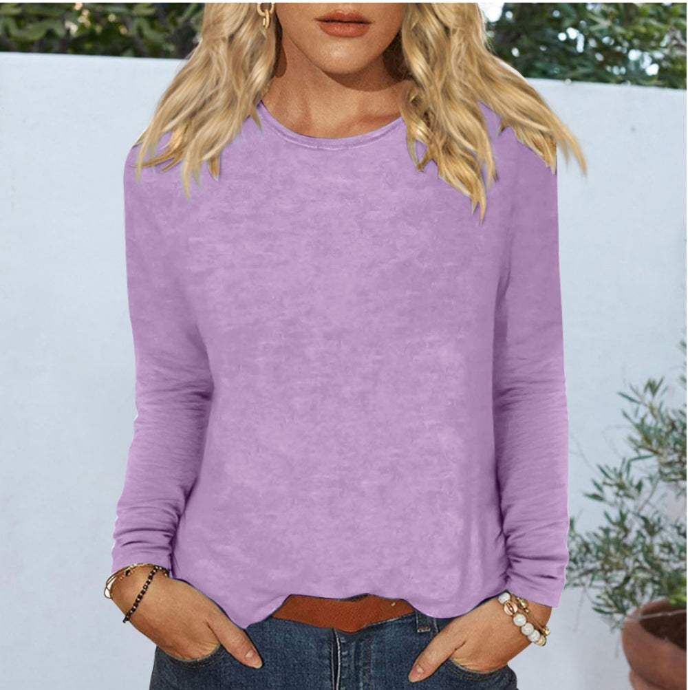 new women's casual long-sleeve solid color crew neck t-shirt for cross-border