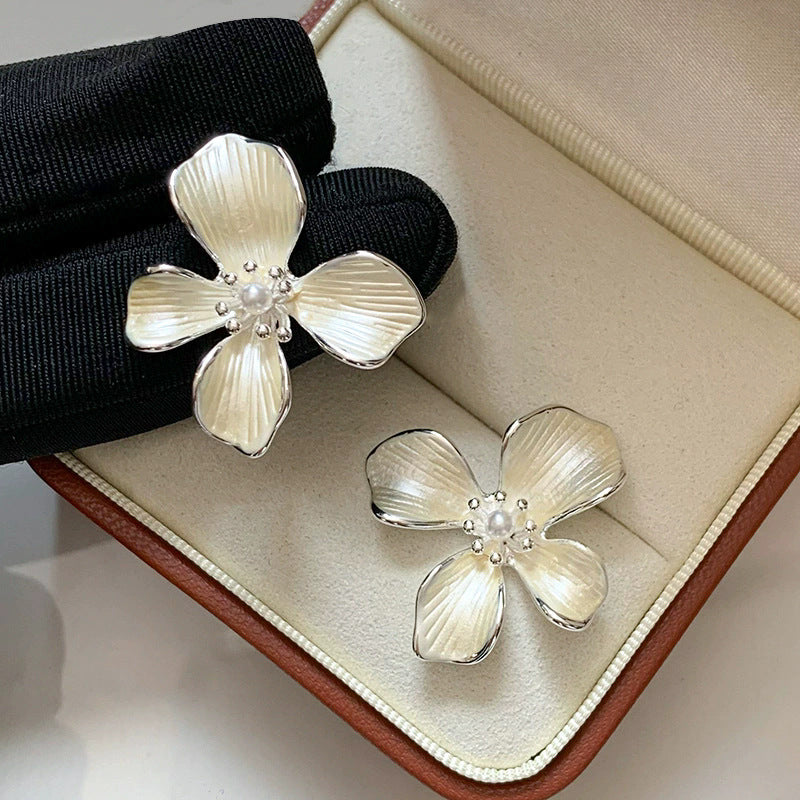 Sterling silver needle stylishniche styleclassy white enamel flower earrings iris flower blooming popularelegantclassy earrings