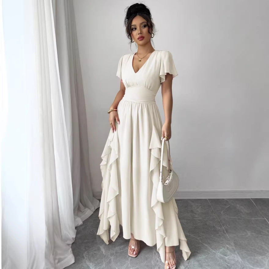 summer new arrival: v-neck slim-fit long dress - pleated, slimming, and fashionable