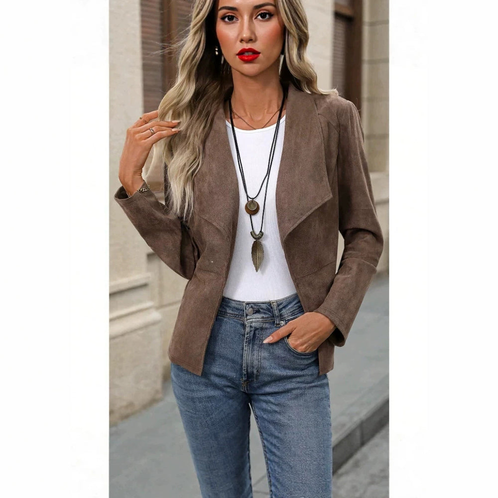 new cross-border fashion casual faux suede comfortable fabric turn-down collar long sleeve cropped top jacket women's clothing