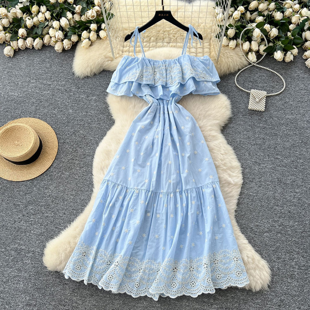French gentle style one shoulder suspender rufflespatchworkdress women's waist elegant cut outembroiderlong skirt