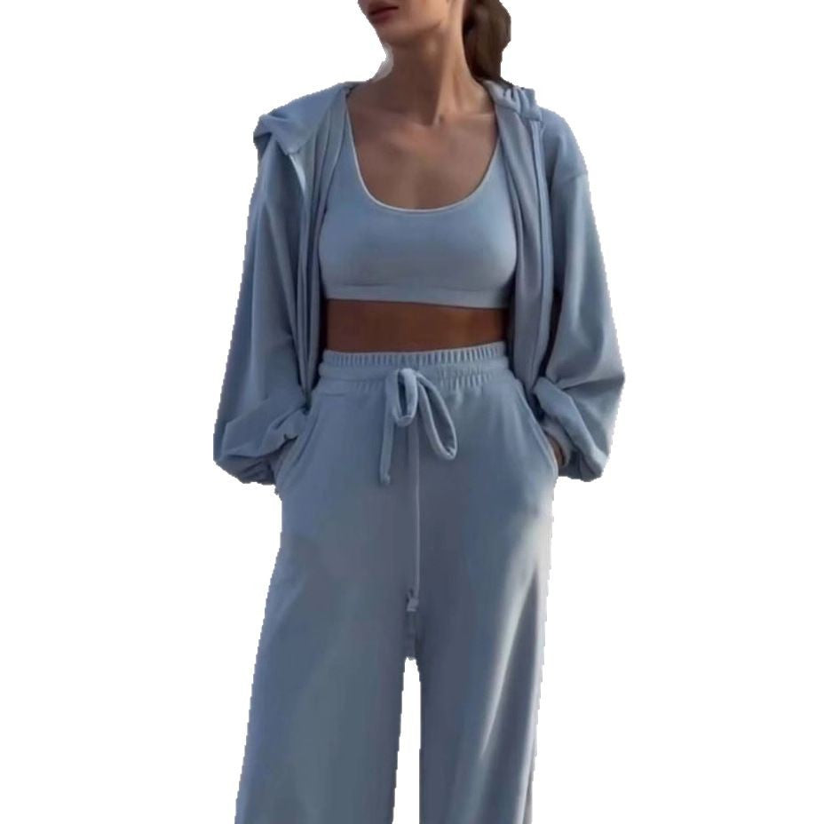 ins style  women's clothing fashion temperament long-sleeved vest trousers three-piece set casual cardigan wide-leg trousers three-piece set