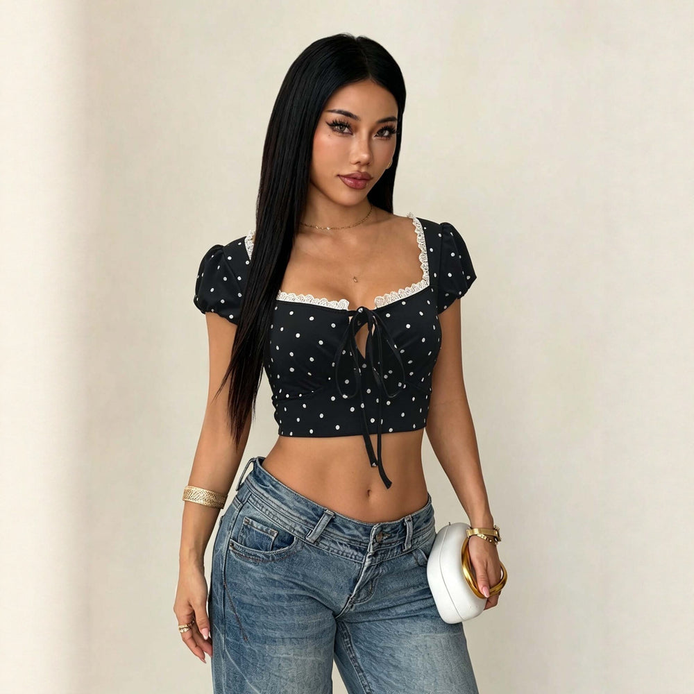 french square collar polka dot puff sleeve tops women's summer hot girl styletie back waist slimming look t-shirt women
