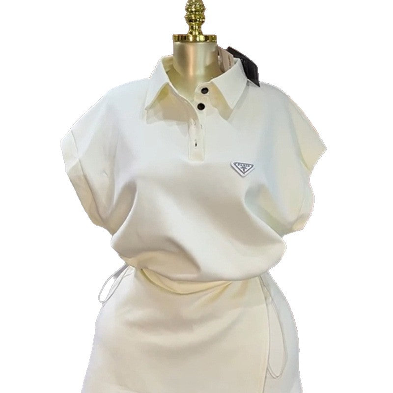 European and american cross-border women's fashion:  autumn new collection - casual polo collar loose-fit short sleeve top and asymmetrical mini skirt set
