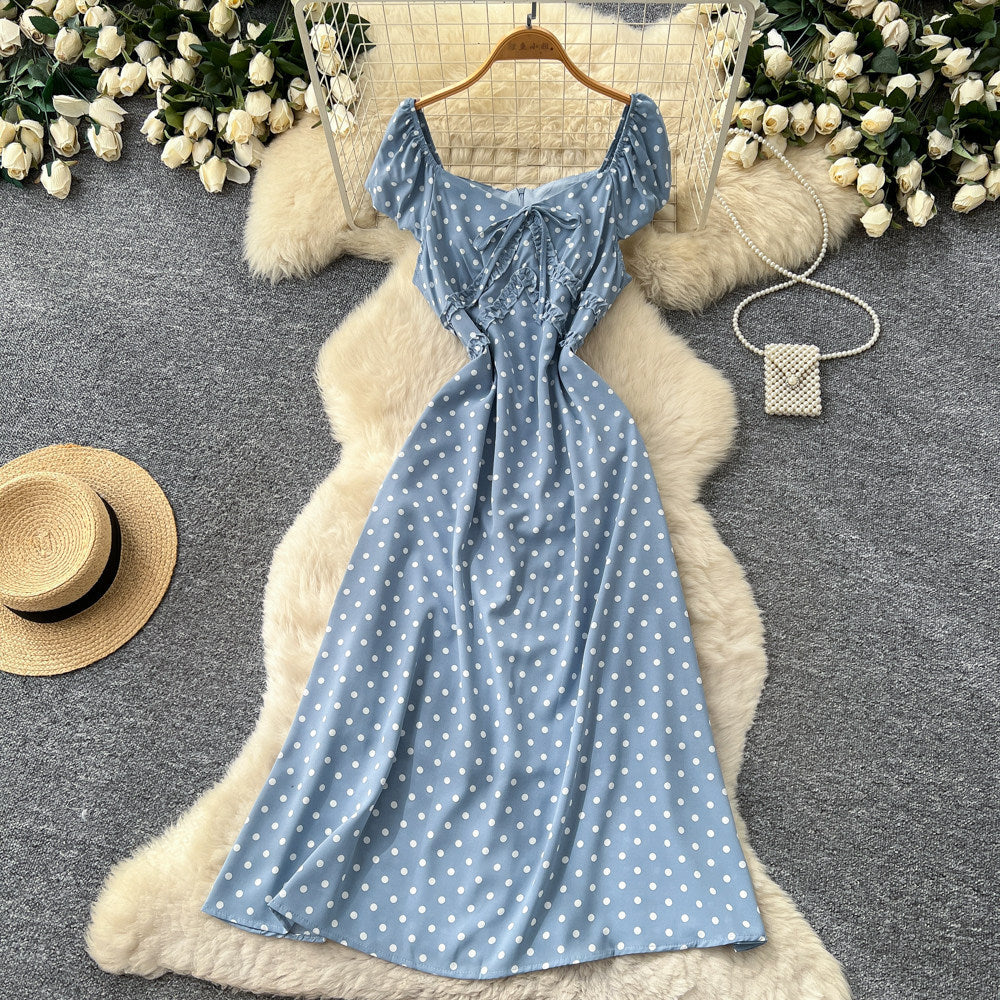 French sweet style square neck polka dot dress women's summer korean style sleeveless waist-defining elegant a-line red maxi dress
