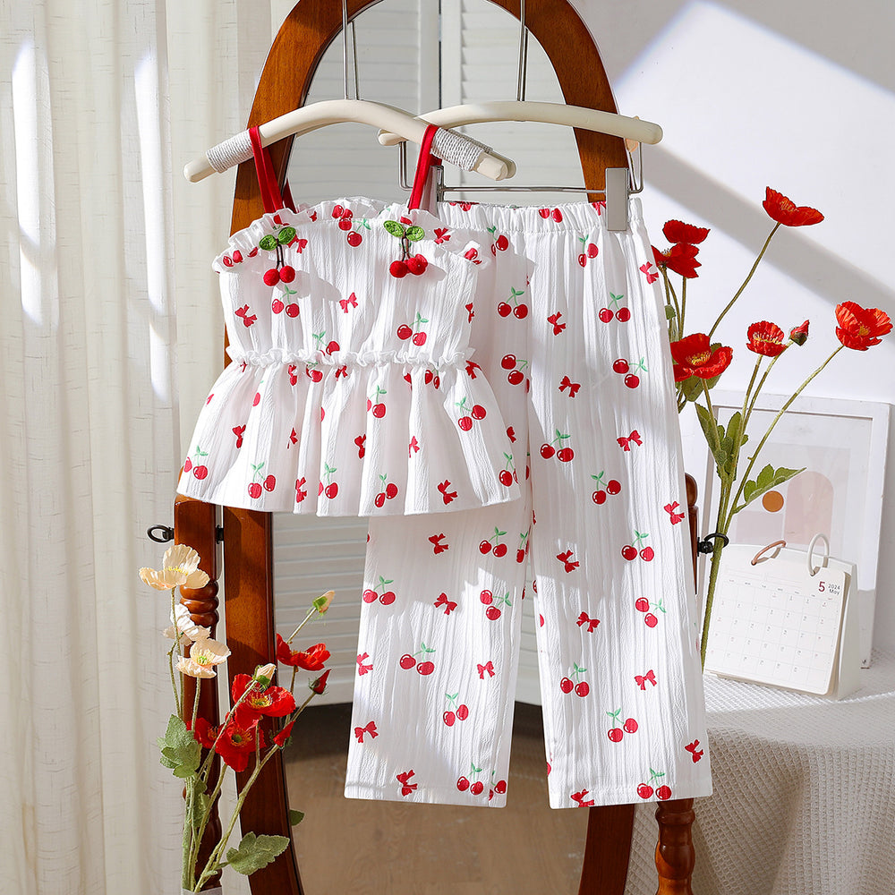 girls' spring/summer new collection: pastoral style textured sleeve top with cute cherry design + refreshing wide-leg pants two-piece set