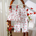 girls' spring/summer new collection: pastoral style textured sleeve top with cute cherry design + refreshing wide-leg pants two-piece set