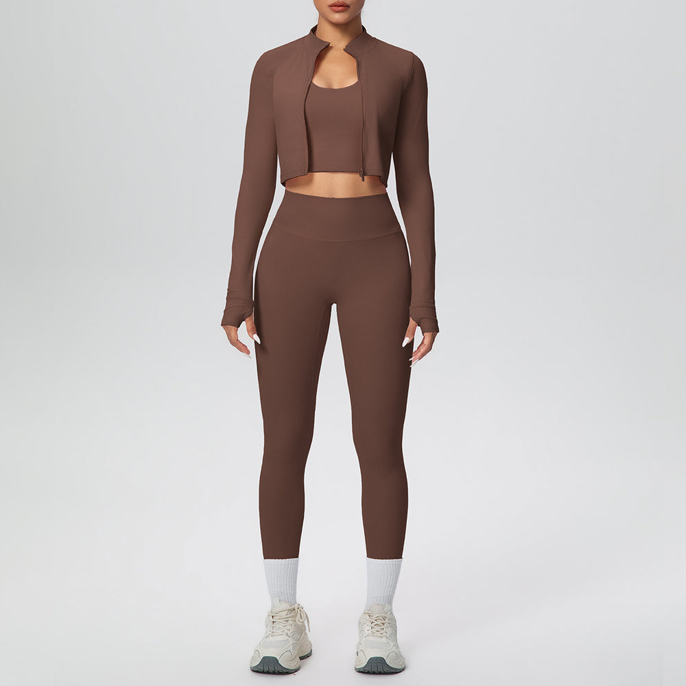New halter neck backless zip-up outerwear yoga set - high-waisted, butt-lifting, compression fit - perfect for running, fitness, and gym workouts (3-piece set)