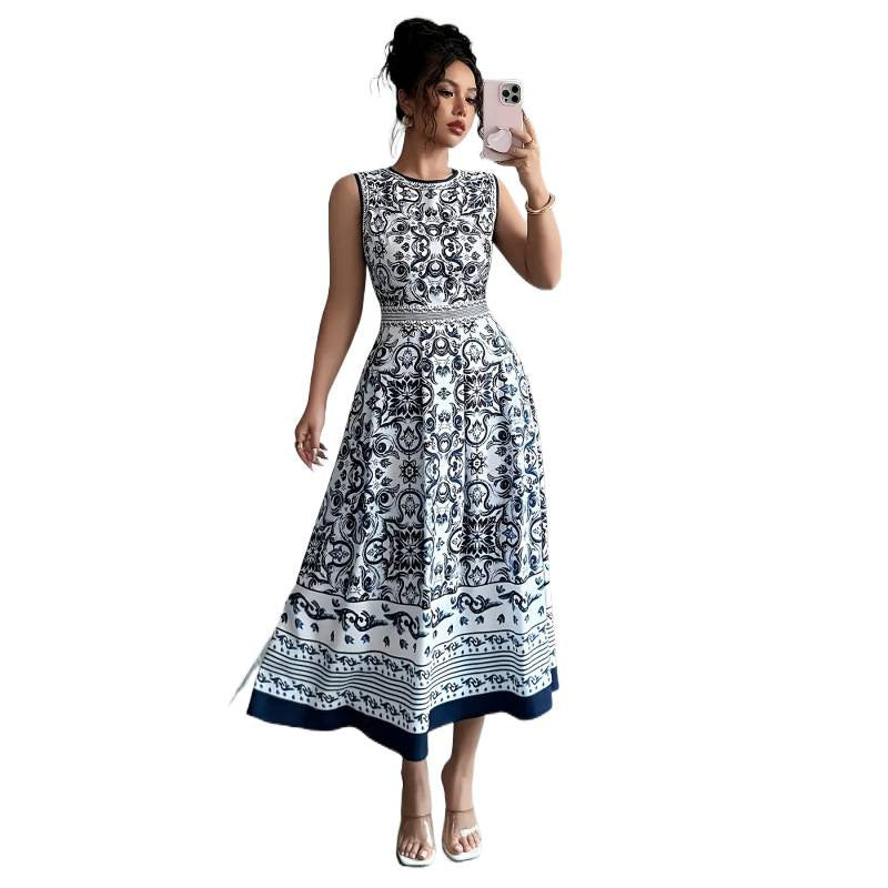 listing: new  women's original elegant vacation style sleeveless printed dress