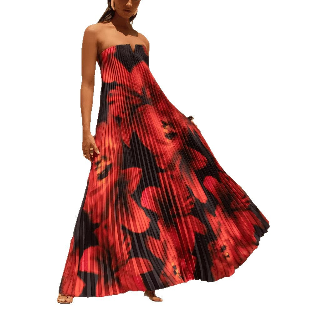 Independent station new arrival cross-border fashionexportprintingtube toploose heavy industry pleated long frenchdress