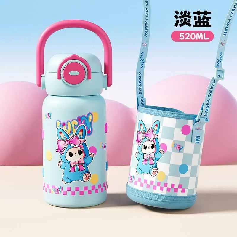 Creative cartoon double-drink kids' thermos: stylish, high-capacity student straw water bottle - stainless steel cup
