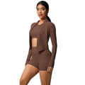 Fashionnew arrivalnude brushed long sleeves sports outwearcasualflap pocket pants shorts running butt lift yoga wear three-piece set