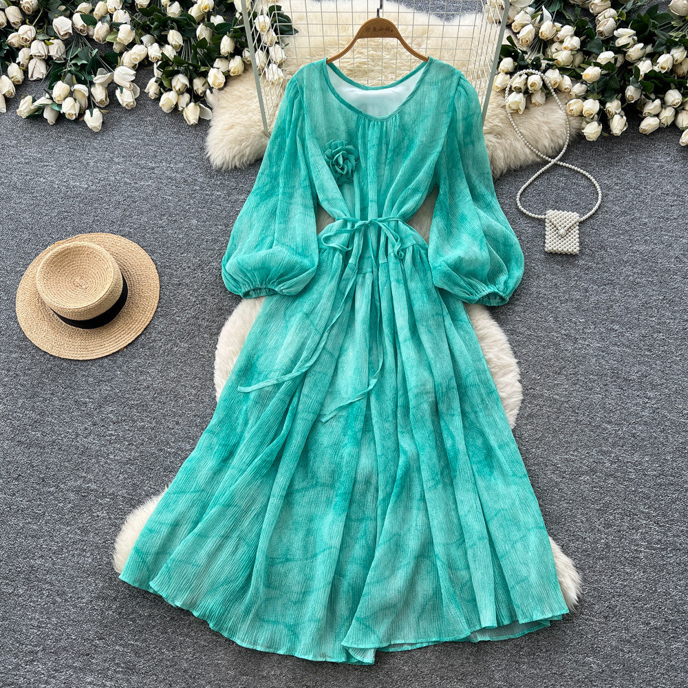French chic lantern sleeve v-neck dress - women's summer korean style tie-waist slimming a-line maxi dress - elegant