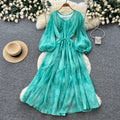 French chic lantern sleeve v-neck dress - women's summer korean style tie-waist slimming a-line maxi dress - elegant