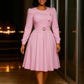 D3349 european and american cross-border new round neck long sleeve high waist a-line dress elegant party solid color foreign trade african dress