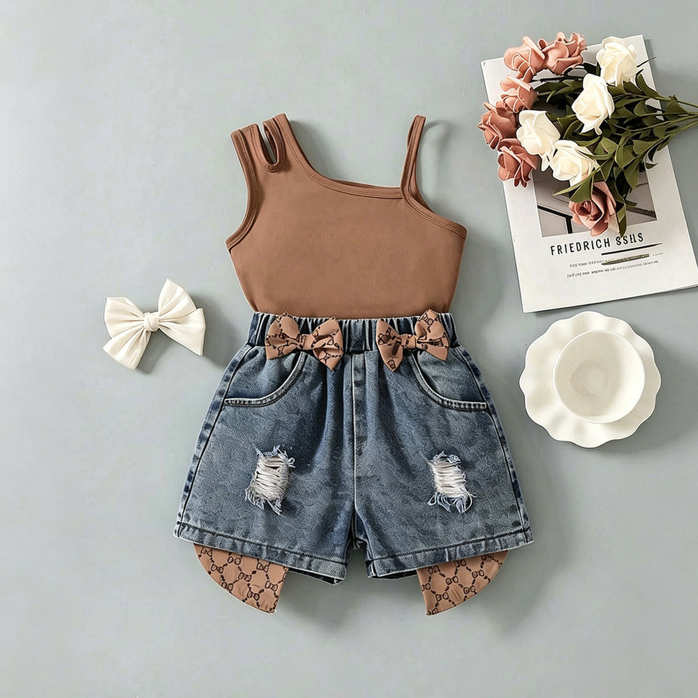 hot-selling girls' designer one-shoulder cami top + bowknot cropped shorts two-piece set