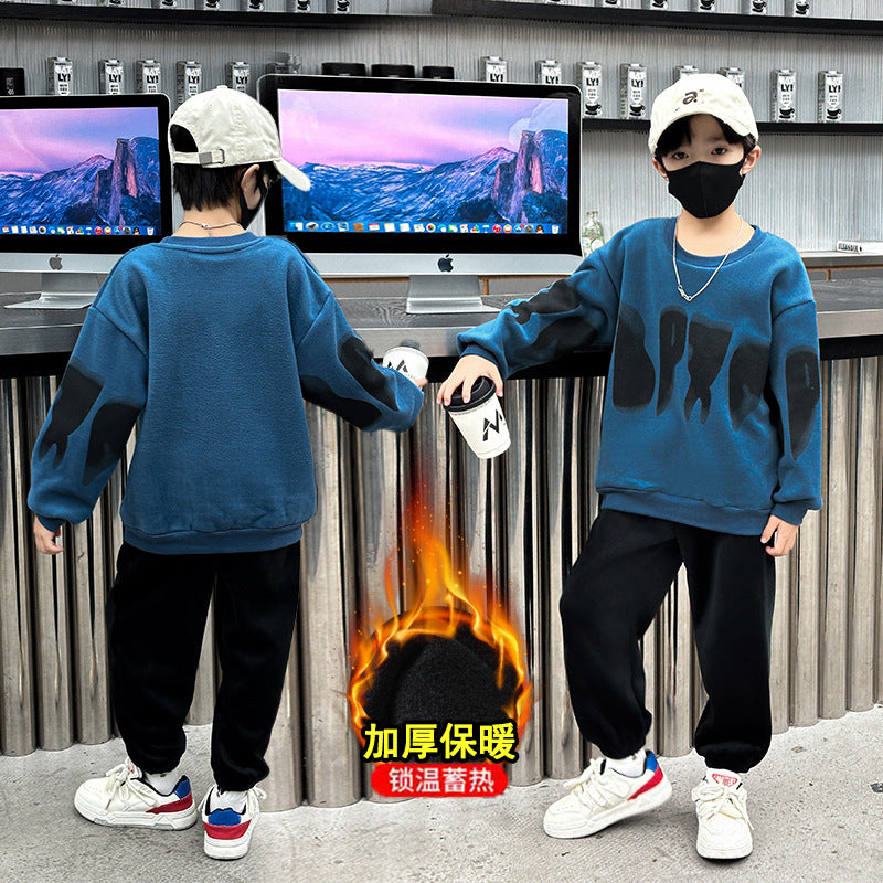 Boys' winter outfit set  new style kids' autumn and winter fashionable sweatshirt baby boy fleece-lined casual tracksuit