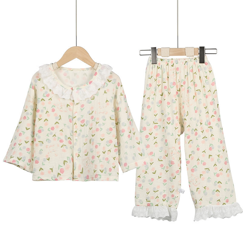 kids' cropped lounge set - boys & girls double-layer cotton gauze pajama set with baby lace trim and cartoon print
