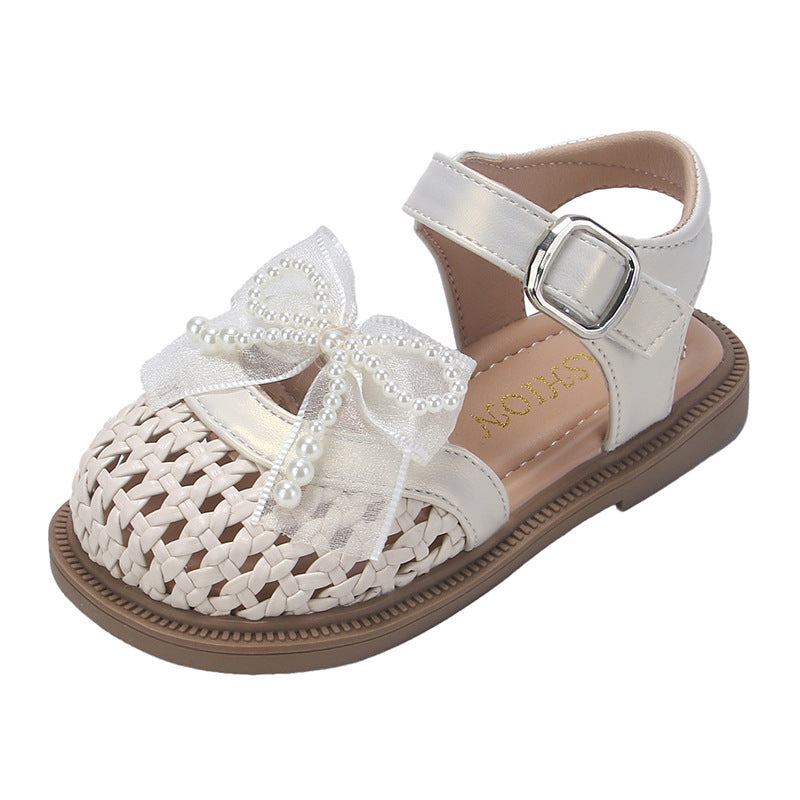 Vancahao girls' lace bowknot woven hollow-out sandals -  summer new collection - kids' closed-toe beach shoes - trendy style