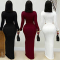 C7631 cross-border   fashion women's sexy v-neck solid color long sleeve bodycon dress