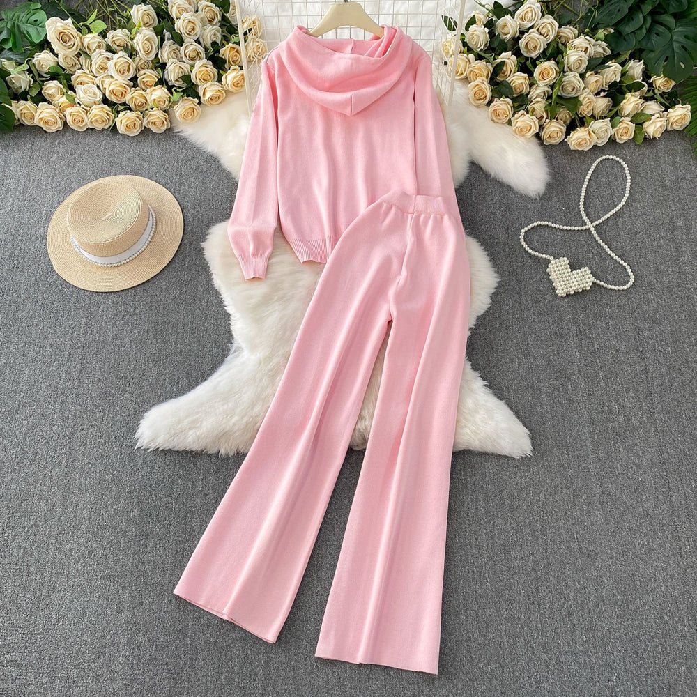 Gentle wind pink tie backslimming lookpullover hooded knittinglong sleevessweatshirthigh waiststraight-legloose pantsembroidersuit