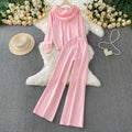 Gentle wind pink tie backslimming lookpullover hooded knittinglong sleevessweatshirthigh waiststraight-legloose pantsembroidersuit