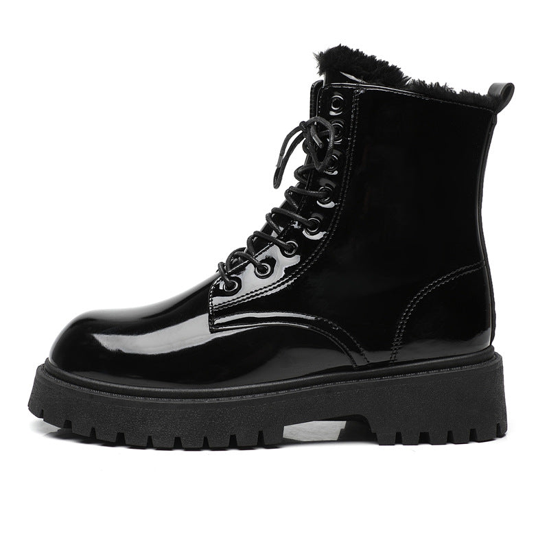 Men's winter black combat boots - british style casual motorcycle leather boots - men's anti-slip fleece-lined warm cotton boots