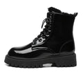 Men's winter black combat boots - british style casual motorcycle leather boots - men's anti-slip fleece-lined warm cotton boots