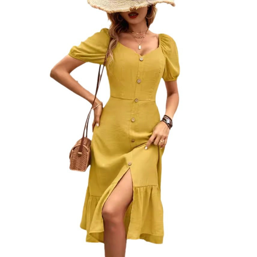 european and american spring new arrivals: solid color short sleeve maxi swing dress for  and