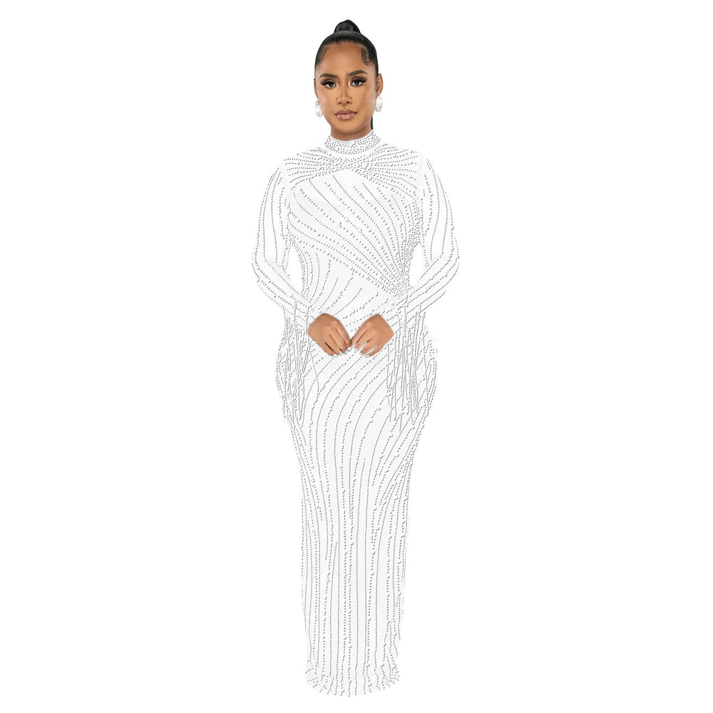 C6266   fashion women's mesh see-through rhinestone long sleeve maxi dress lined two-piece set