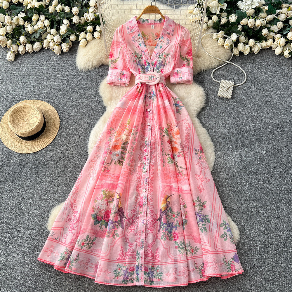 Frenchretro lapel printing short-sleeved dress women's summerv neck waist slimming look a-line long skirt holiday style large skirt