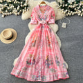 Frenchretro lapel printing short-sleeved dress women's summerv neck waist slimming look a-line long skirt holiday style large skirt