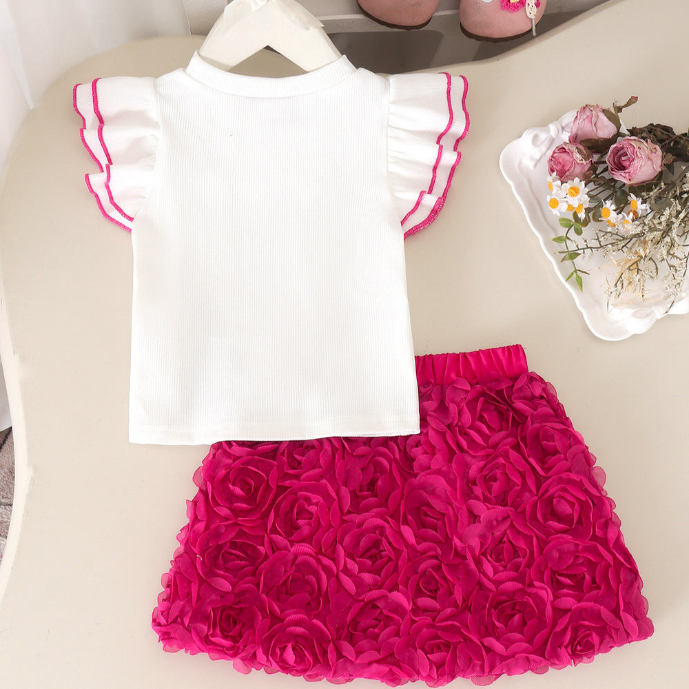 Girls' rose tutu dress with flutter sleeves, bow accent, and ribbed knit top - 3d rose tulle skirt - summer style