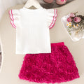 Girls' rose tutu dress with flutter sleeves, bow accent, and ribbed knit top - 3d rose tulle skirt - summer style