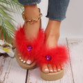 2024 summer new fuzzy slippers women's thick sole slides european and american beach rhinestone wedge flip flops