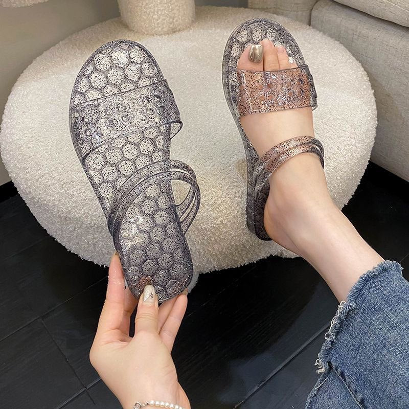 Two-way crystal sandals for women, featuring a breathable, hollowed-out design, soft sole, and a fairy-like aesthetic. perfect for both indoor and outdoor wear, these stylish and non-slip sandals are ideal for the beach