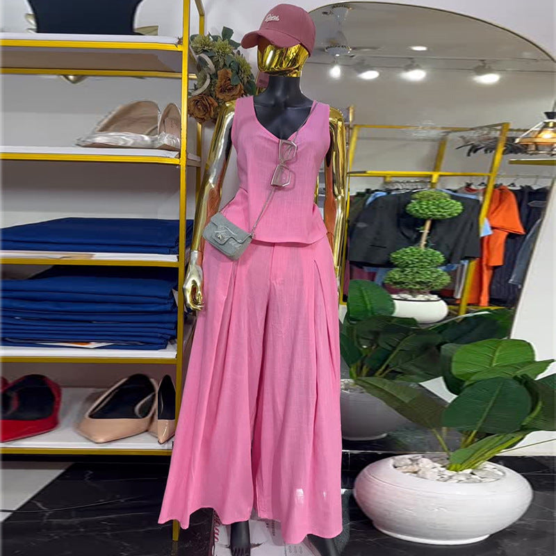 European and american women's clothing  autumn new sweet and fresh u-neck sleeveless blouse high-waisted wide-leg pants fashion casual set