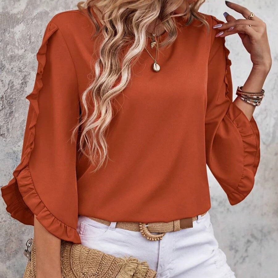 Fashion cross-border women's clothing new arrival round neck lace asymmetrical three-quarter sleeve topspure color round neck loose