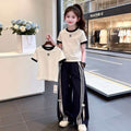 Girls' summer short-sleeve outfit:  spring/summer new collection - kids' letter print two-piece set with striped bow wide-leg pants