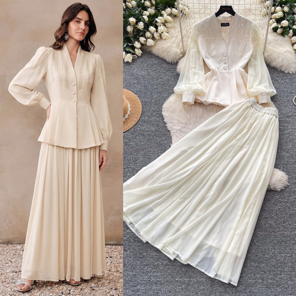 French chic v-neck embroidered jacket & high-waisted pleated skirt two-piece set - autumn , effortless luxury & elegant style