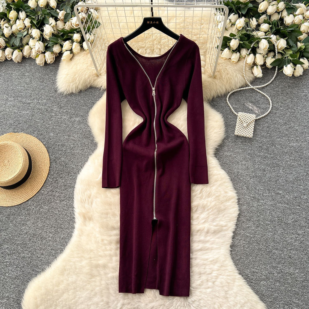 Korean style chic design v-neck zipper long sleeve slim-fit dress - women's autumn waist-cinching slit sweater dress