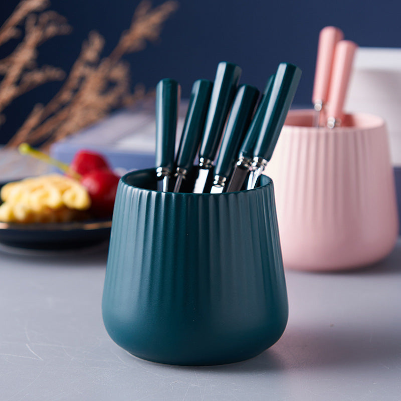 Creative stainless steel fruit fork spoon ceramic storage jar nordic fruit fork spoon household fruit fork storage set