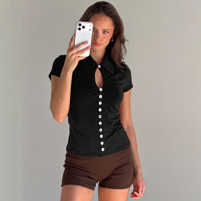 European and american women's clothing  summer new arrivals: trendy hot girl style cardigan, button-down lapel short-sleeve t-shirt top - wholesale for export