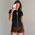European and american women's clothing  summer new arrivals: trendy hot girl style cardigan, button-down lapel short-sleeve t-shirt top - wholesale for export