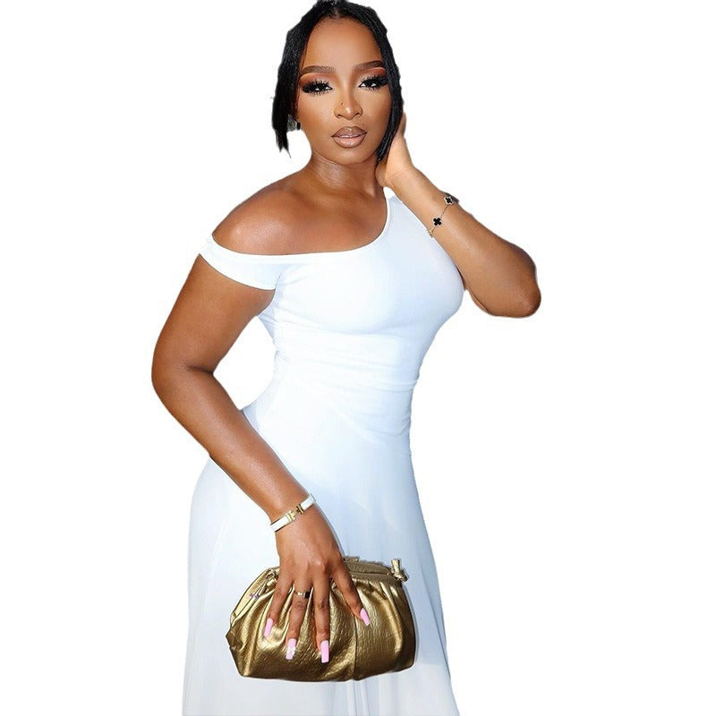 European and american style ins foreign trade women's fashion solid color dress - asymmetrical off-the-shoulder sleeveless dress