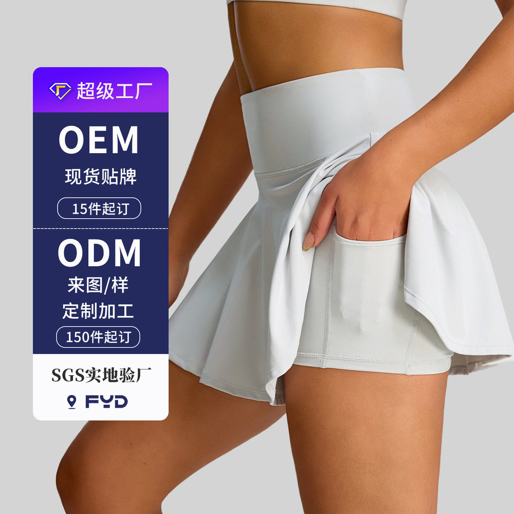 European and american new style sports tennis skirt custom high waist pocket faux two-piece yoga skort women's source factory customization